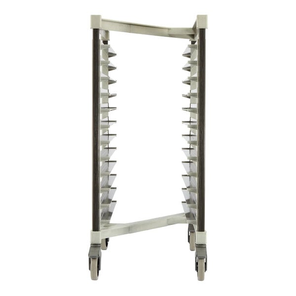 A metal rack with multiple horizontal slots on both sides and four wheels at the base, designed for holding trays or pans.