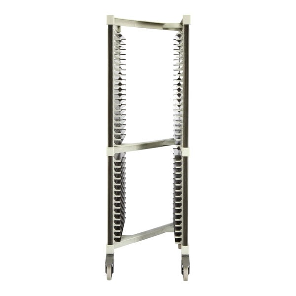 A tall, metal rack with multiple slots on both sides and four wheels at the base, designed for holding trays or pans.