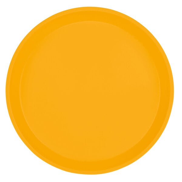 A close-up of a yellow Cambro Camtray.