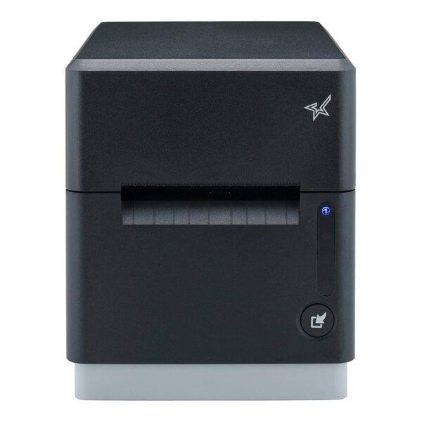 A black, box-shaped electronic device with a small slot in the front, a button, and a blue indicator light, likely a printer.