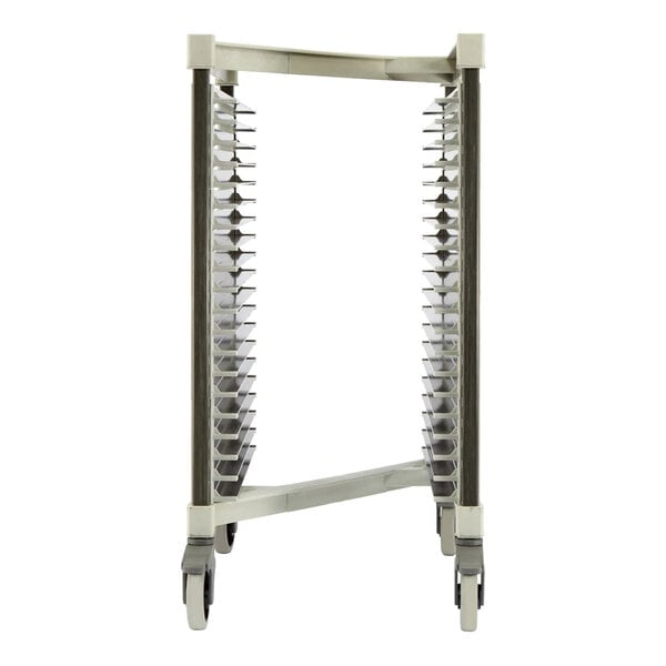A metal rack with multiple horizontal slots on both sides, supported by four wheels for mobility.