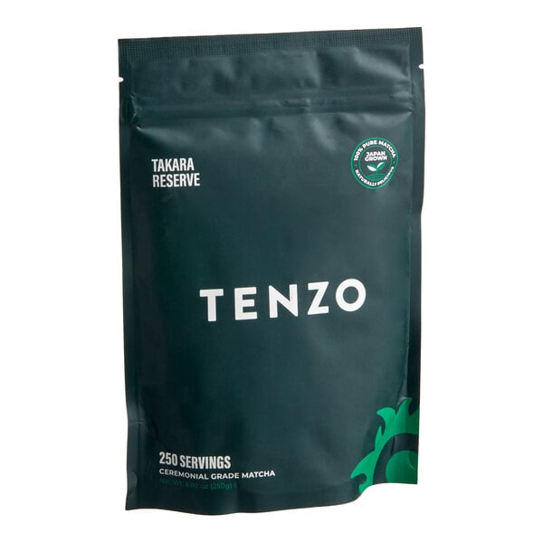 A dark green resealable bag labeled 'TENZO' with white text and a small green emblem, indicating it contains 250 servings of ceremonial grade matcha.
