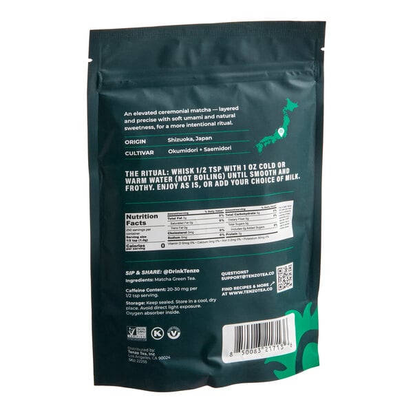 The image shows the back of a green resealable bag with white text, including preparation instructions, nutrition facts, origin information, and a barcode.