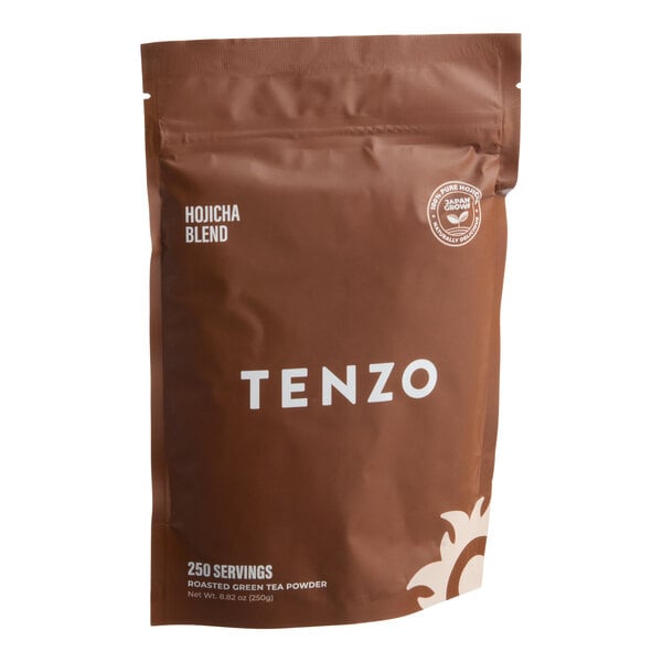 A brown resealable pouch labeled 'TENZO Hojicha Blend' with white text and a sun graphic, containing roasted green tea powder.