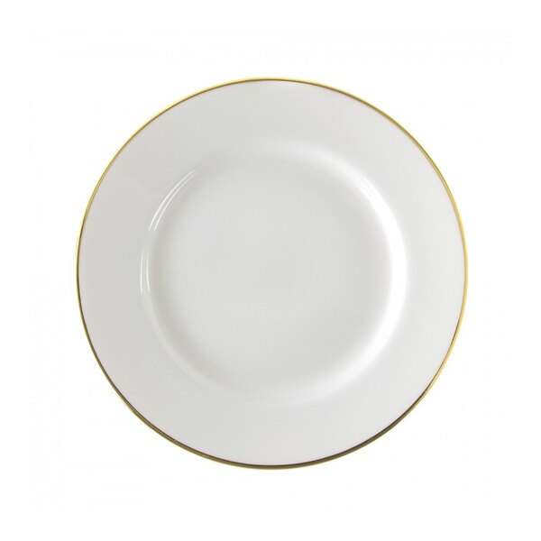 A white porcelain luncheon plate with a gold rim.