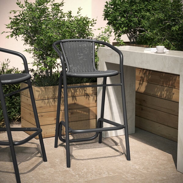 Flash Furniture Lila Gray Rattan Indoor / Outdoor Bar Stool with Arms