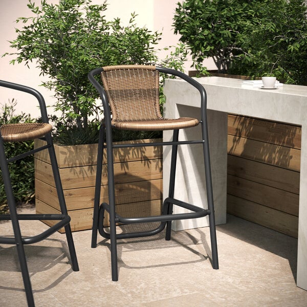 Flash Furniture Lila Medium Brown Rattan Indoor / Outdoor Bar Stool with Arms