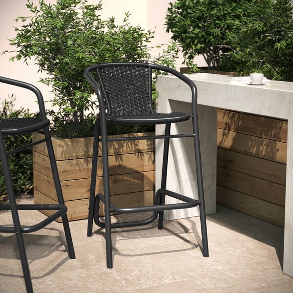 Flash Furniture Lila Black Rattan Indoor / Outdoor Bar Stool with Arms