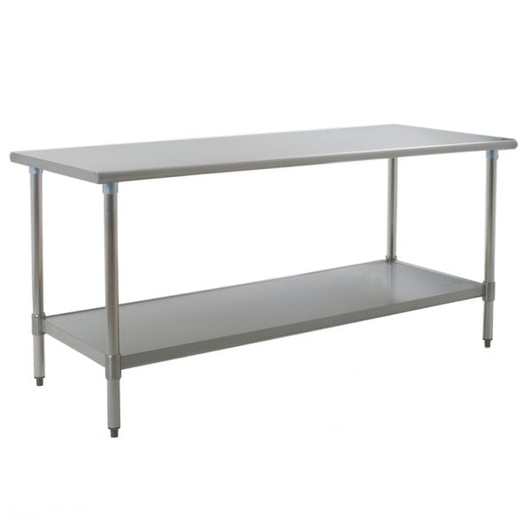 A stainless steel work table with a galvanized undershelf.