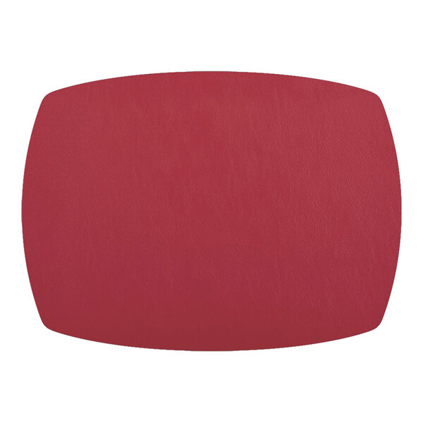 A red, rectangular placemat with slightly curved edges on a white background.