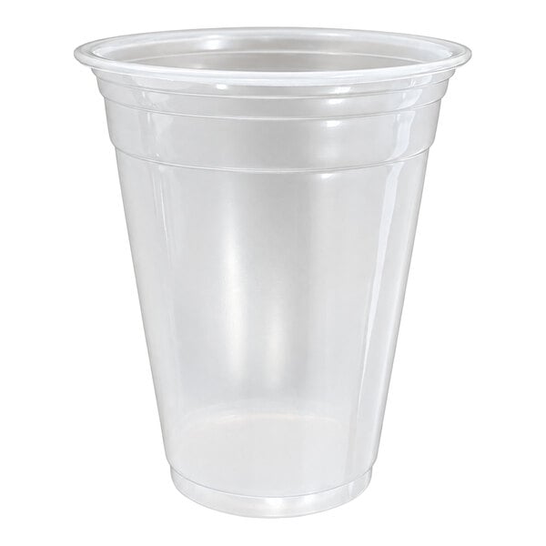 A clear, disposable plastic cup with a slightly flared rim.