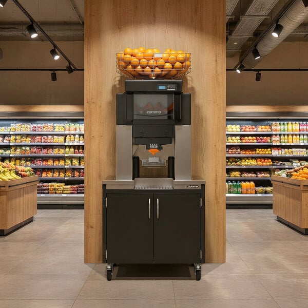 A commercial juicing machine with a basket of oranges on top, positioned against a wooden pillar in a grocery store produce section.
