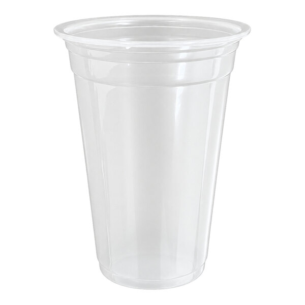 A clear, disposable plastic cup with a slightly flared rim.