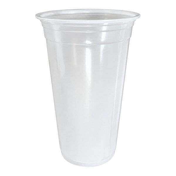 A translucent plastic cup with a slightly flared rim, shown against a white background.