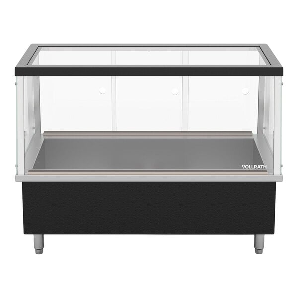 A rectangular glass display case with a black base and metal legs, featuring a clear viewing area on top and sides.