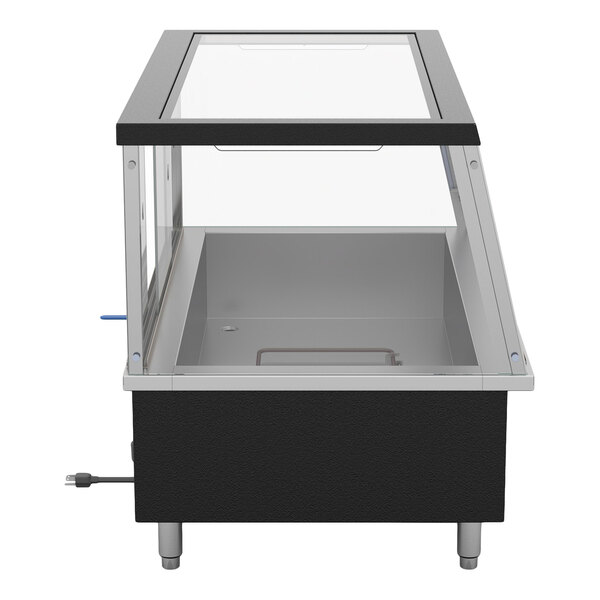 A rectangular heated display case with a glass top and sides, metal interior, and black exterior, shown from the front view.