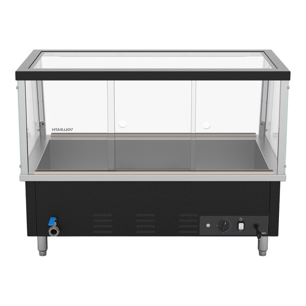A rectangular glass display case with a black base, control knobs, and a spout on the front, designed for heating and displaying food.