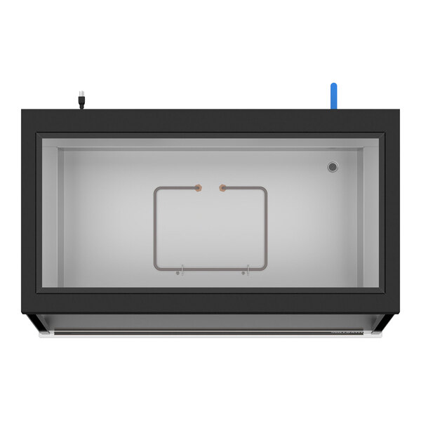 A rectangular glass display case with a black frame, featuring a visible heating element inside and a power cord on top.