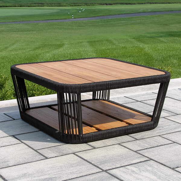 Outdoor Interiors Resort 35" Square Black Rope and Teak Coffee Table