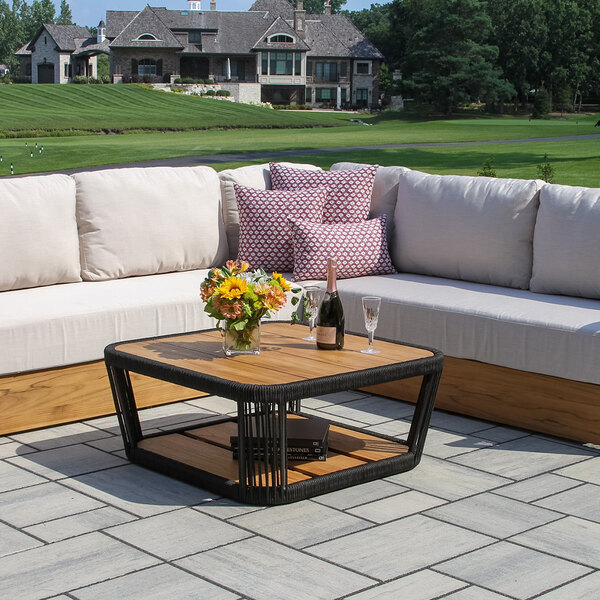 Outdoor Interiors Resort 35" Square Black Rope and Teak Coffee Table