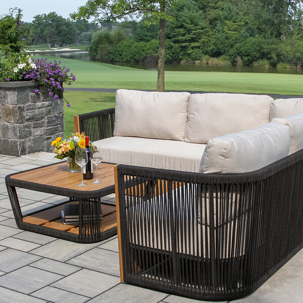 Outdoor Interiors Resort 35" Square Black Rope and Teak Coffee Table