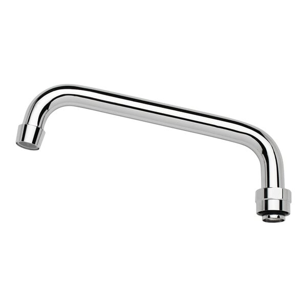 A chrome-colored, L-shaped metal faucet spout with threaded ends and a smooth, reflective finish.