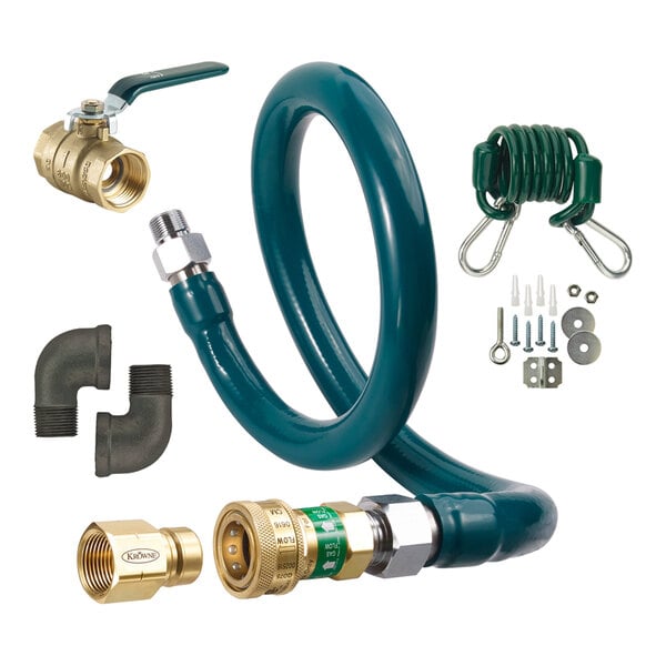 A coiled green hose with various brass and metal fittings, two black elbow connectors, a green coiled cable with hooks, and a set of mounting hardware.