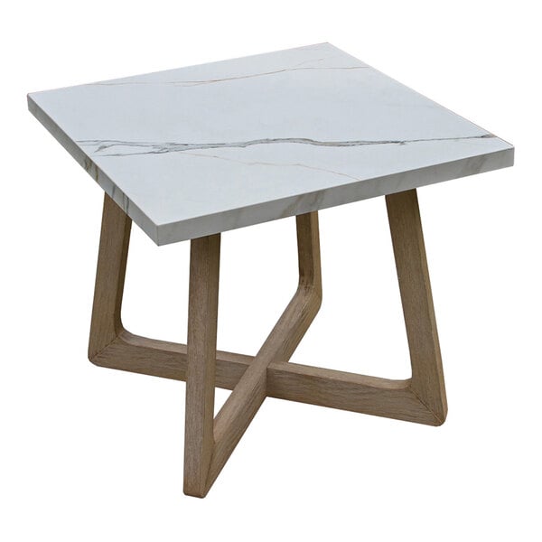A square table with a white marble-like top featuring subtle veining and a geometric wooden base with an antique wash finish.