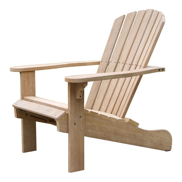 A wooden Adirondack chair with a slatted back, wide armrests, and a built-in pull-out ottoman.