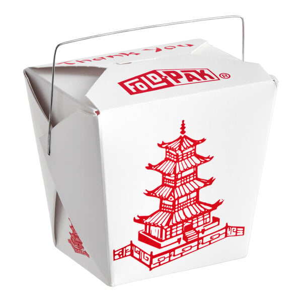 A white paper take-out container with a metal wire handle and a red pagoda design on the front.