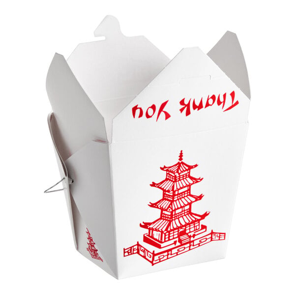 A white paper take-out container with a wire handle, featuring a red pagoda illustration and the words 'Thank you' printed on the top flap.