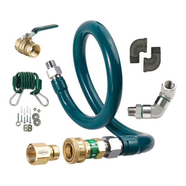 A coiled green hose with various metal connectors, fittings, a valve, mounting hardware, and a coiled restraining cable arranged around it.