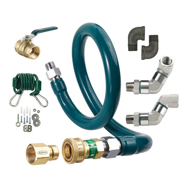 A coiled green hose with brass and metal connectors, accompanied by various metal fittings, a valve, mounting hardware, and a green coiled safety cable.
