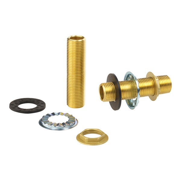 A set of brass and metal threaded pipe fittings, washers, and a nut, arranged on a white background.