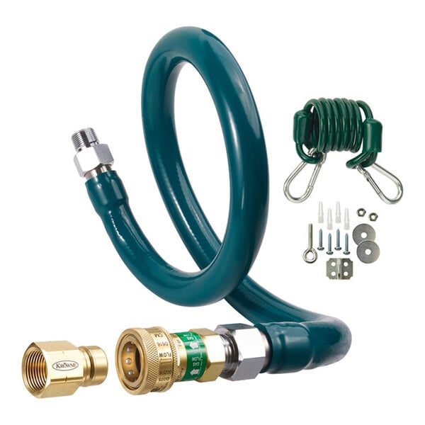 A coiled green hose with metal connectors, a brass fitting, and an assortment of mounting hardware and accessories.
