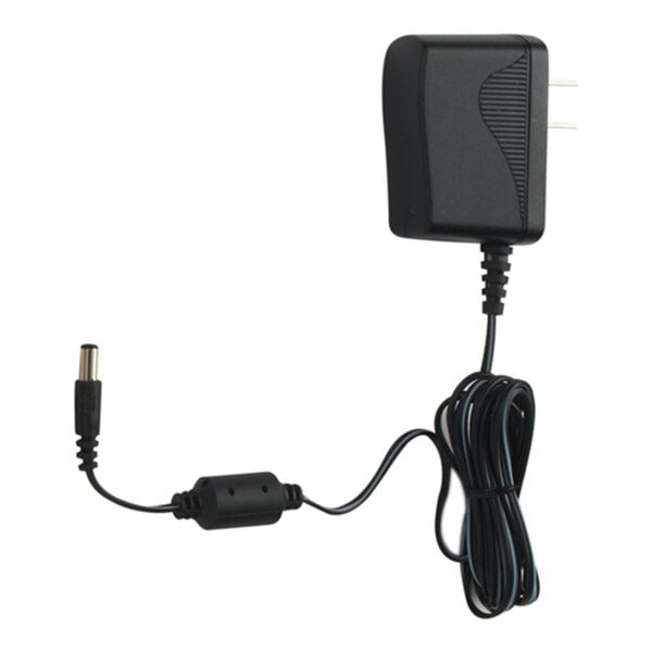 A black AC adapter with a two-prong plug, a long cord, and a barrel connector at the end.
