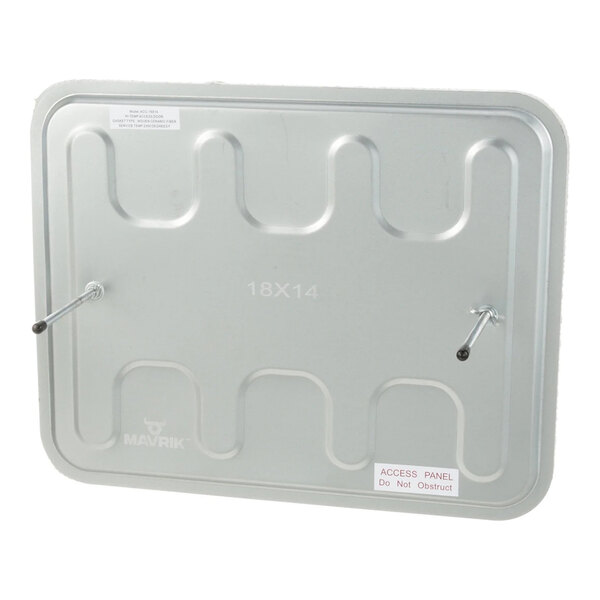 A rectangular metal access panel with two protruding studs and embossed patterns, labeled with '18X14' and a warning not to obstruct.