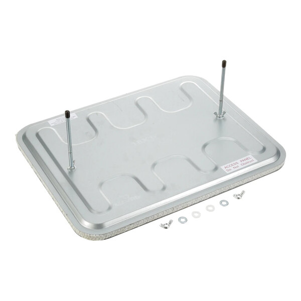 A rectangular metal panel with two protruding studs and several washers and wing nuts placed in front of it.