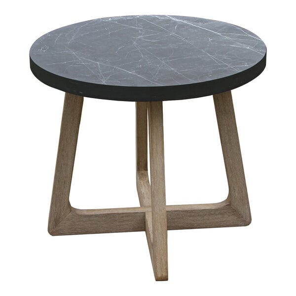 A round table with a dark, marble-like top and light wooden legs arranged in a cross pattern.