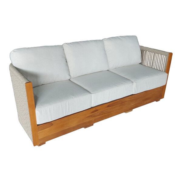 Outdoor Interiors Speckled Cable Wicker and Teak Sofa with Acrylic Fabric Cushions