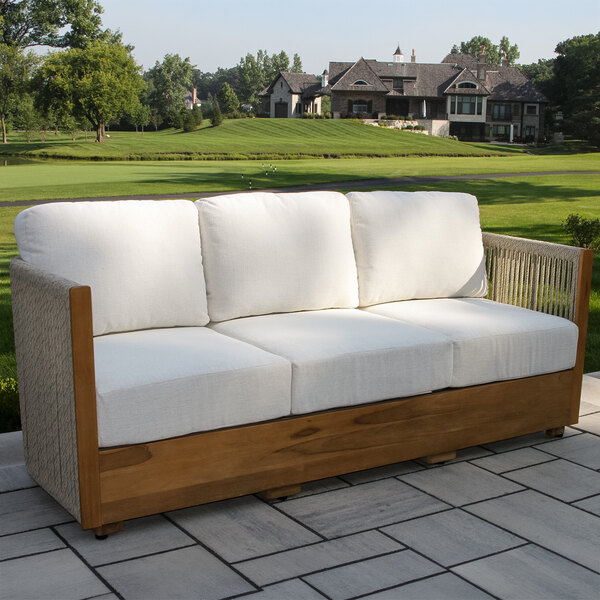 Outdoor Interiors Speckled Cable Wicker and Teak Sofa with Acrylic Fabric Cushions