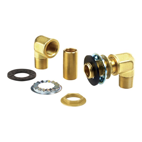 A set of brass plumbing fittings, washers, and nuts arranged on a white background.