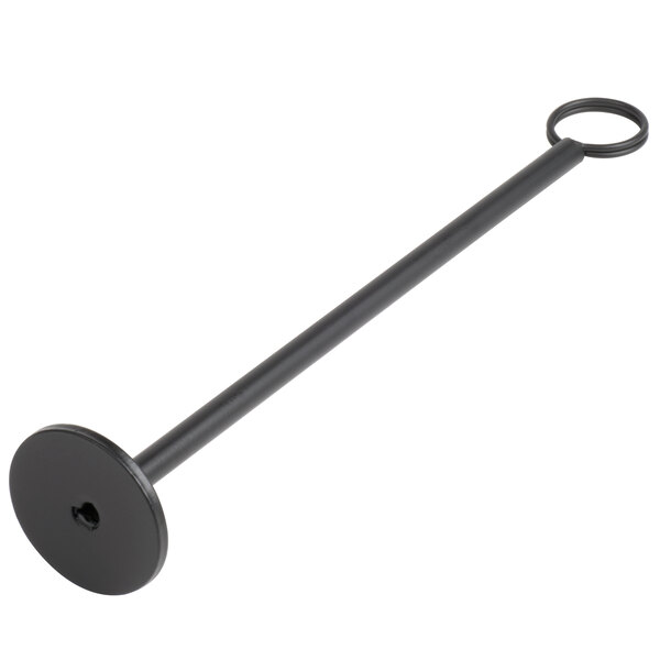 A black metal rod with a flat circular base on one end and a circular ring on the other end, likely used for holding cards or menus upright.