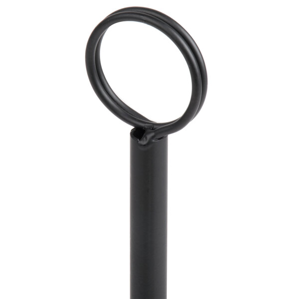A black metal rod with a circular loop at the top, likely used for holding cards or menus.