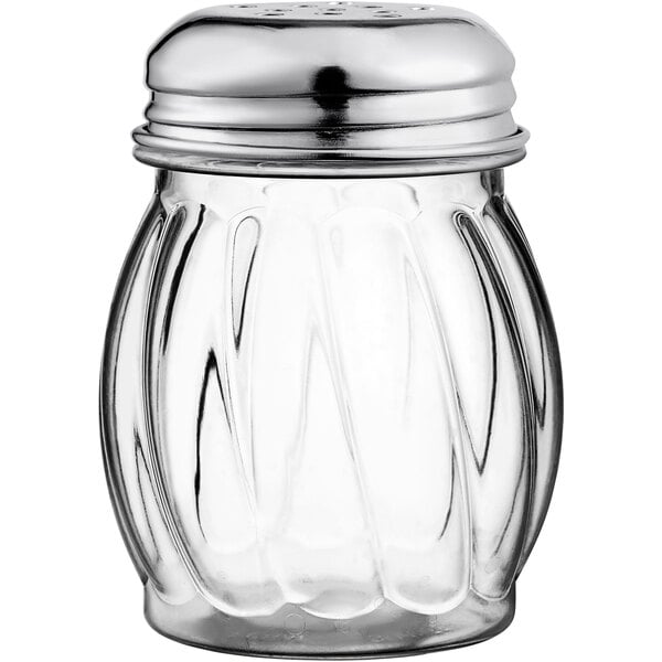 TableCraft 6 oz. Clear Plastic Swirl Shaker with Chrome-Plated Perforated Top - 24/Case