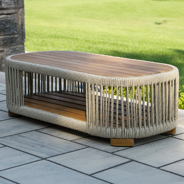 Outdoor Interiors 47" x 23 1/2" Speckled Cable Wicker and Teak Coffee Table
