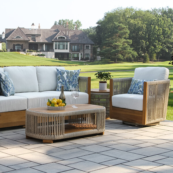 Outdoor Interiors 47" x 23 1/2" Speckled Cable Wicker and Teak Coffee Table
