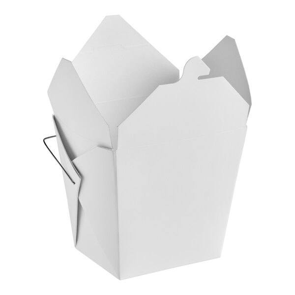 A white paper take-out container with a wire handle, shown open and empty.