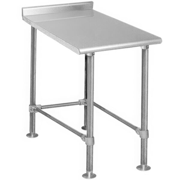 A close-up of a silver Eagle Group stainless steel filler table with metal legs.