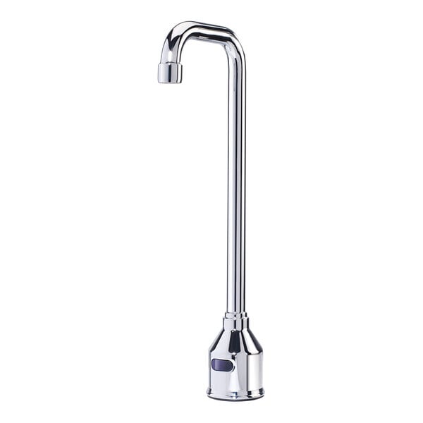 A tall, chrome-colored gooseneck faucet with a sensor at the base, designed for deck mounting.